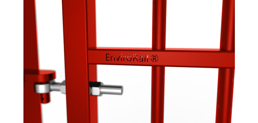 Close up of the EnviroRail® hinge and gate - Red Finish