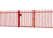 A Red EnviroRail® Vertical Bar Railing Gate installed in row of railings