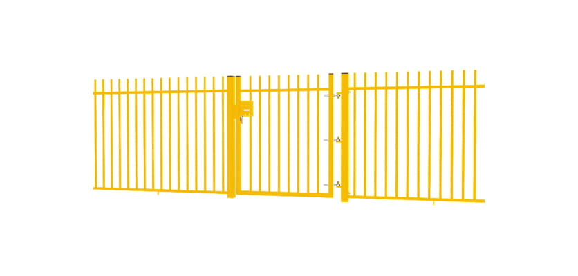 A Yellow EnviroRail® Vertical Bar Railing Gate installed in row of railings
