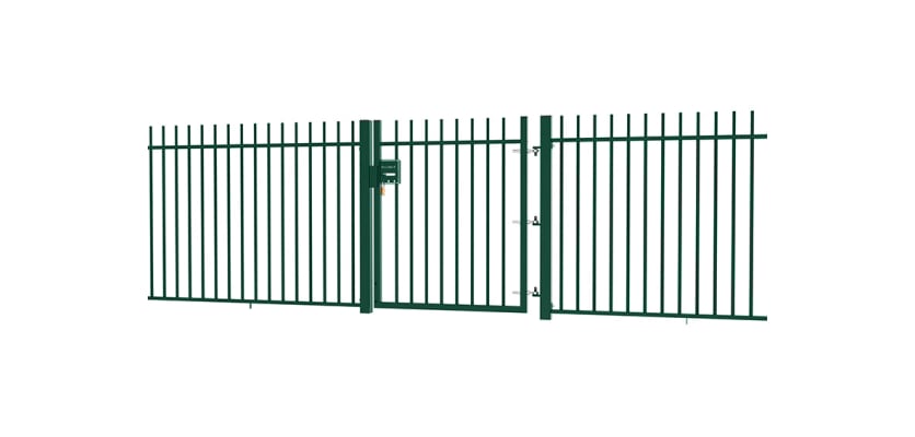 A Green EnviroRail® Vertical Bar Railing Gate installed in row of railings