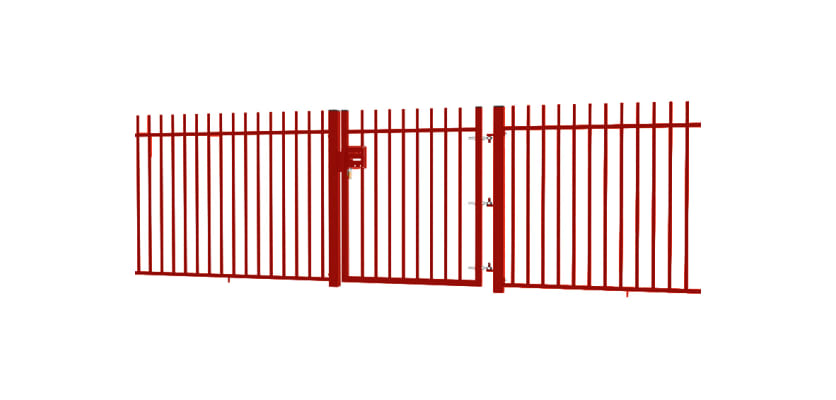 A Red EnviroRail® Vertical Bar Railing Gate installed in row of railings