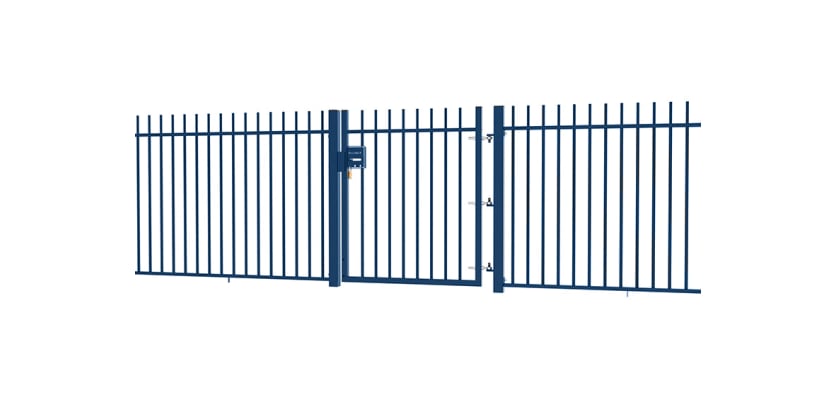 A Blue EnviroRail® Vertical Bar Railing Gate installed in row of railings