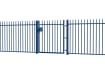 A Blue EnviroRail® Vertical Bar Railing Gate installed in row of railings
