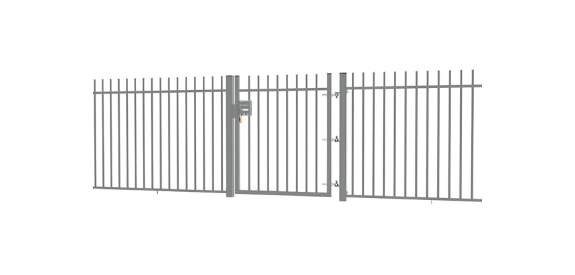 A Grey EnviroRail® Vertical Bar Railing Gate installed in row of railings