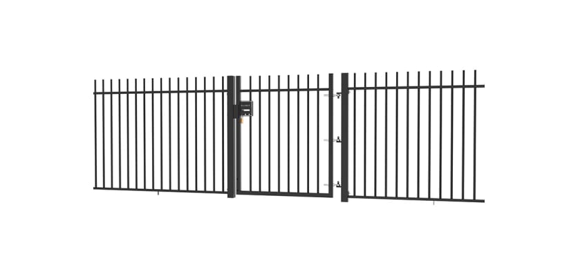 EnviroRail® Vertical Bar Railing Gate installed in row of railings