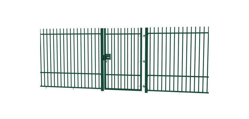 A Green EnviroRail® Vertical Bar Railing Gate installed in row of railings