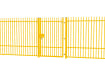 A Yellow EnviroRail® Vertical Bar Railing Gate installed in row of railings