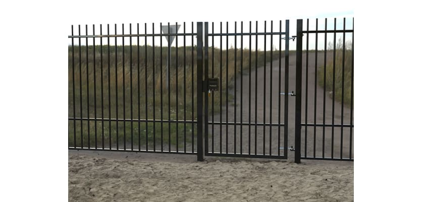 EnviroRail® Black Vertical Bar Single Leaf Gate Kit installed in field