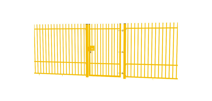A Yellow EnviroRail® Vertical Bar Railing Gate installed in row of railings