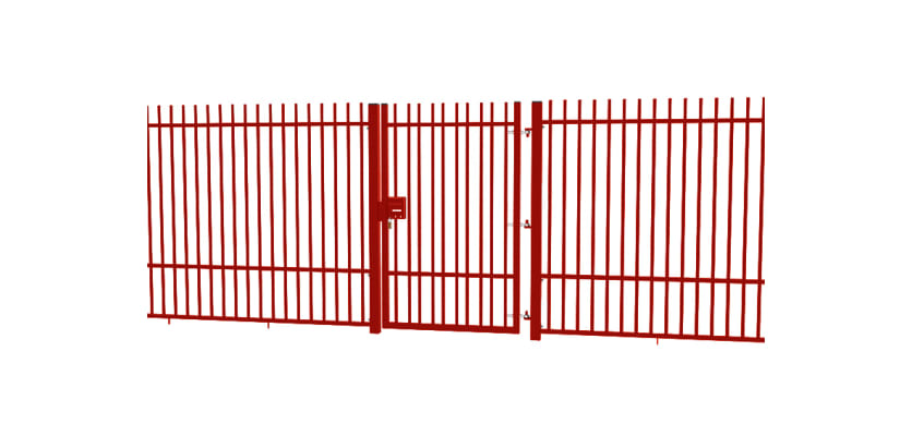 A Red EnviroRail® Vertical Bar Railing Gate installed in row of railings