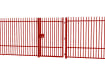 A Red EnviroRail® Vertical Bar Railing Gate installed in row of railings