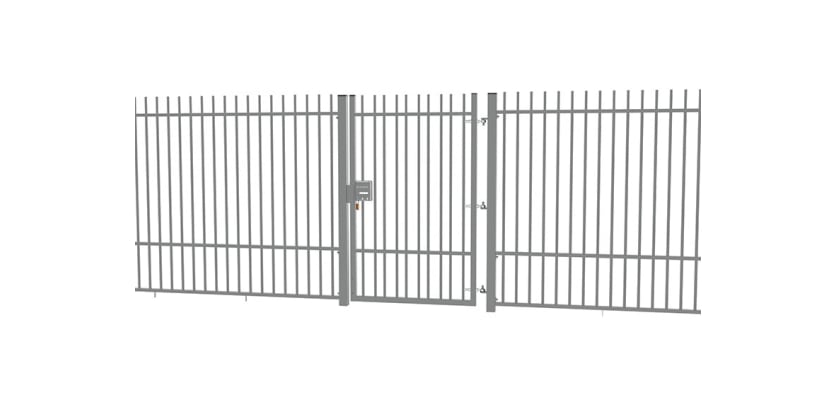 A Grey EnviroRail® Vertical Bar Railing Gate installed in row of railings