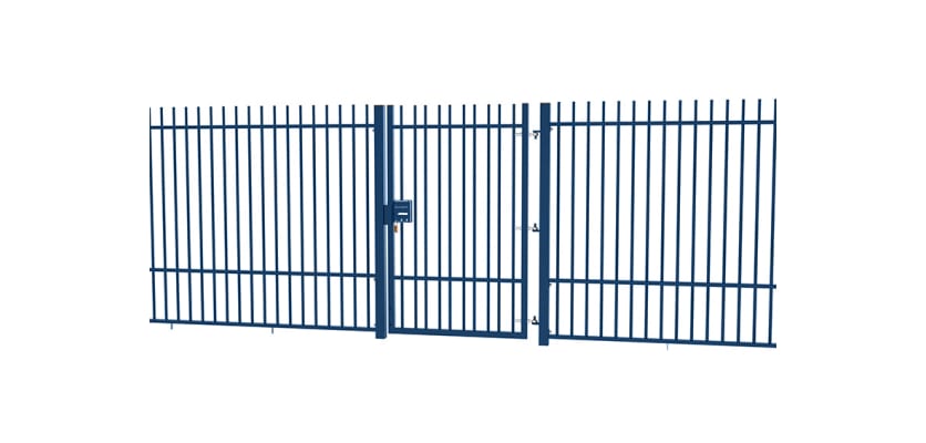 A Blue EnviroRail® Vertical Bar Railing Gate installed in row of railings