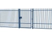 A Blue EnviroRail® Vertical Bar Railing Gate installed in row of railings