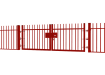 A Red EnviroRail® Vertical Bar Railing Gate installed in row of railings