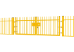 A Yellow EnviroRail® Vertical Bar Railing Gate installed in row of railings