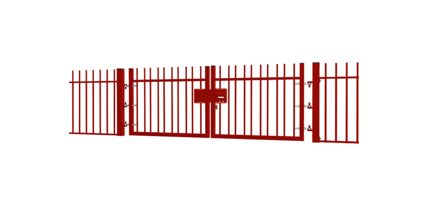 A Red EnviroRail® Vertical Bar Railing Gate installed in row of railings