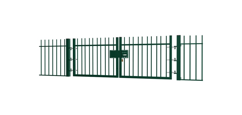 A Green EnviroRail® Vertical Bar Railing Gate installed in row of railings