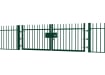 A Green EnviroRail® Vertical Bar Railing Gate installed in row of railings