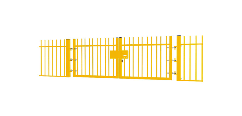 A Yellow EnviroRail® Vertical Bar Railing Gate installed in row of railings