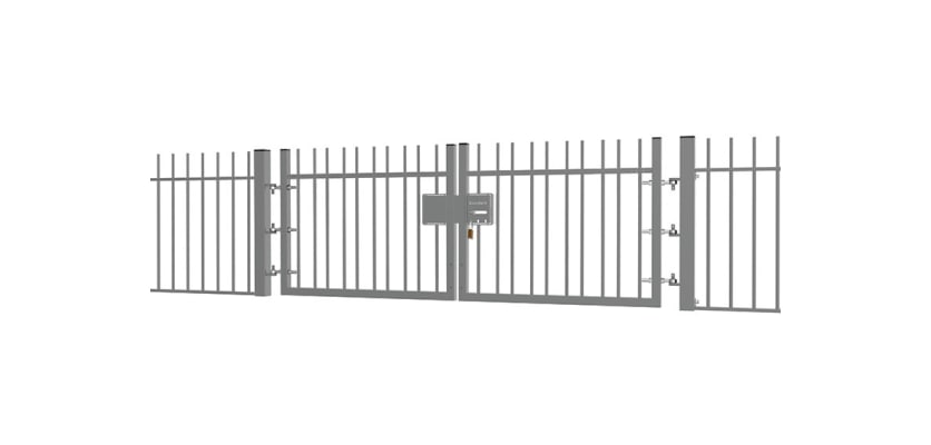 A Grey EnviroRail® Vertical Bar Railing Gate installed in row of railings
