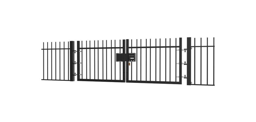 EnviroRail® Vertical Bar Railing Gate installed in row of railings
