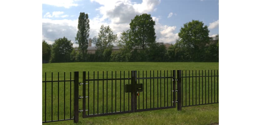 EnviroRail® Black Vertical Bar Double Leaf Gate Kit installed in field