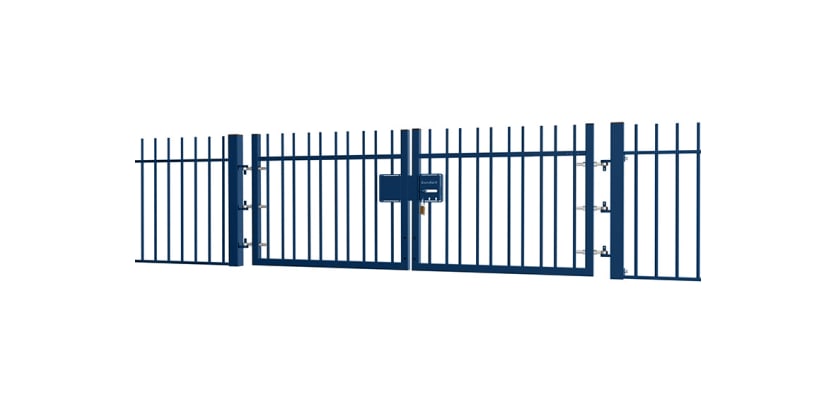 A Blue EnviroRail® Vertical Bar Railing Gate installed in row of railings