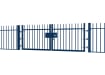 A Blue EnviroRail® Vertical Bar Railing Gate installed in row of railings