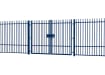 A Blue EnviroRail® Vertical Bar Railing Gate installed in row of railings