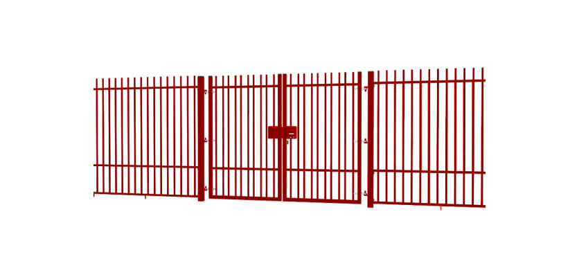 A Red EnviroRail® Vertical Bar Railing Gate installed in row of railings