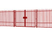 A Red EnviroRail® Vertical Bar Railing Gate installed in row of railings