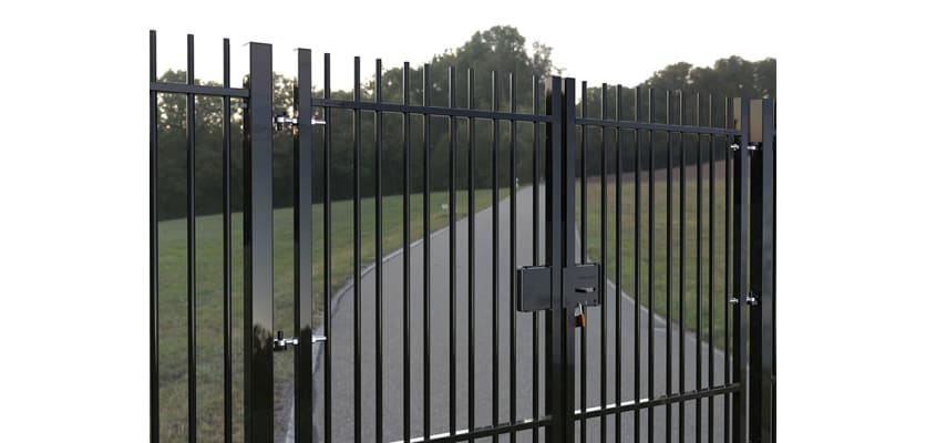 EnviroRail® Black Vertical Bar Double Leaf Gate Kit installed in field