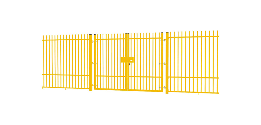 A Yellow EnviroRail® Vertical Bar Railing Gate installed in row of railings
