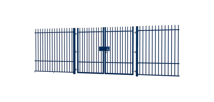 A Blue EnviroRail® Vertical Bar Railing Gate installed in row of railings
