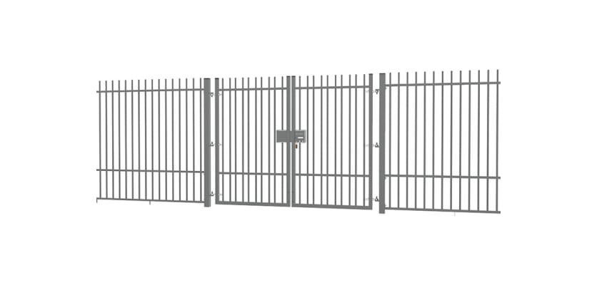 A Grey EnviroRail® Vertical Bar Railing Gate installed in row of railings
