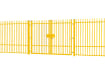 A Yellow EnviroRail® Vertical Bar Railing Gate installed in row of railings