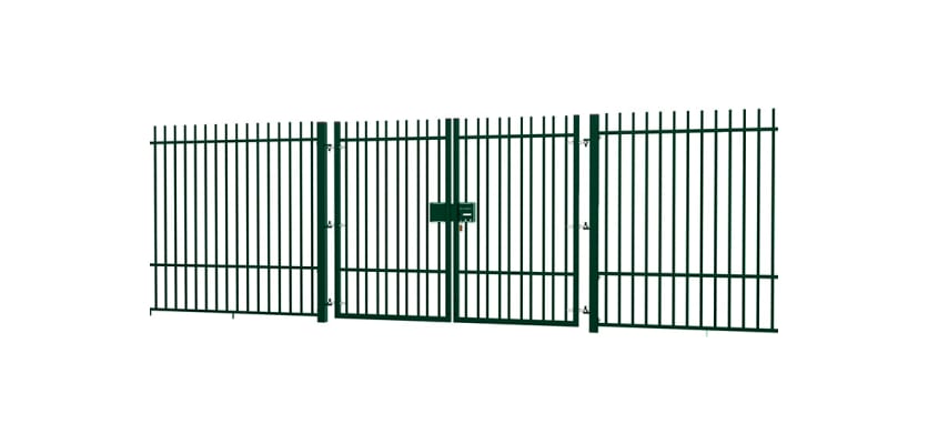 A Green EnviroRail® Vertical Bar Railing Gate installed in row of railings
