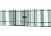 A Green EnviroRail® Vertical Bar Railing Gate installed in row of railings