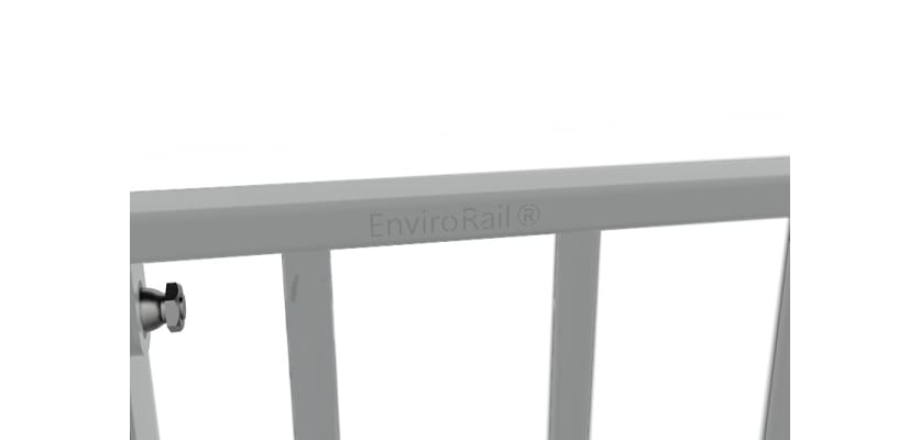 Close up of the EnviroRail® logo on a railing bay - Grey