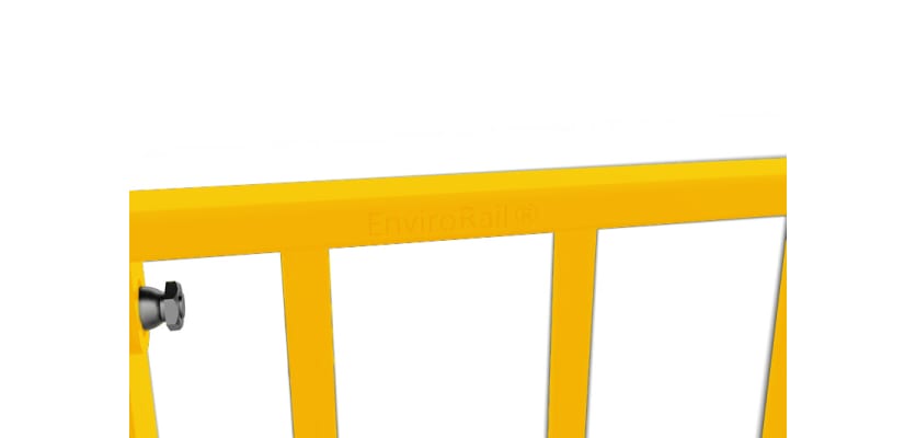 Close up of the EnviroRail® logo on a railing bay - Yellow