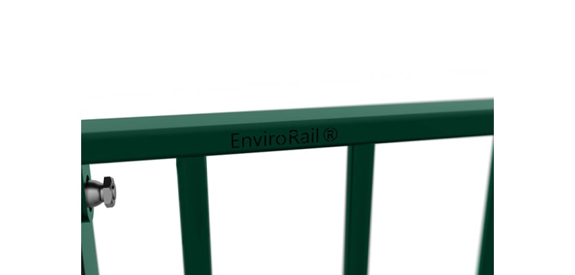 Close up of the EnviroRail® logo on a railing bay - Green Finish