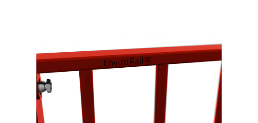 Close up of the EnviroRail® logo on a railing bay - Red Finish