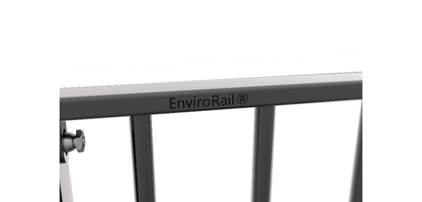 Close up of the EnviroRail® logo on a railing bay - Grey Finish