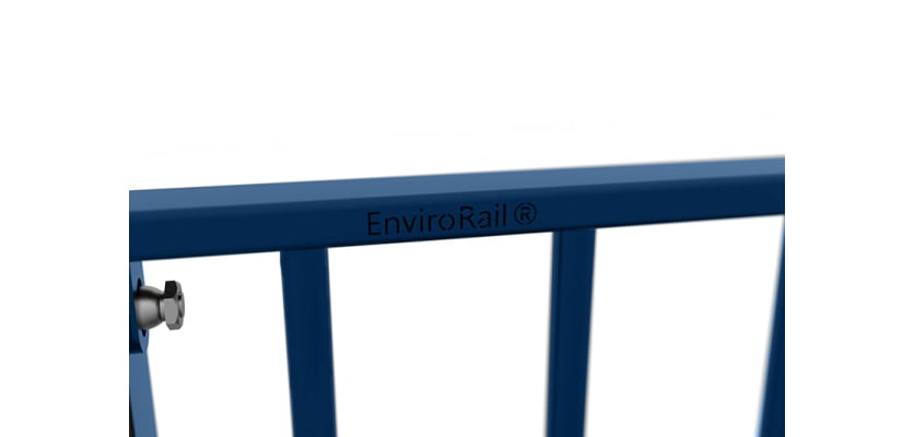 Close up of the EnviroRail® logo on a railing bay - Blue Finish