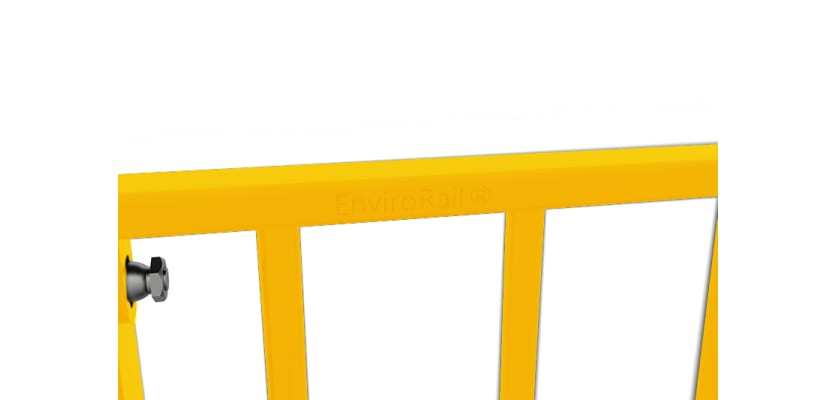 Close up of the EnviroRail® logo on a railing bay - Yellow Finish