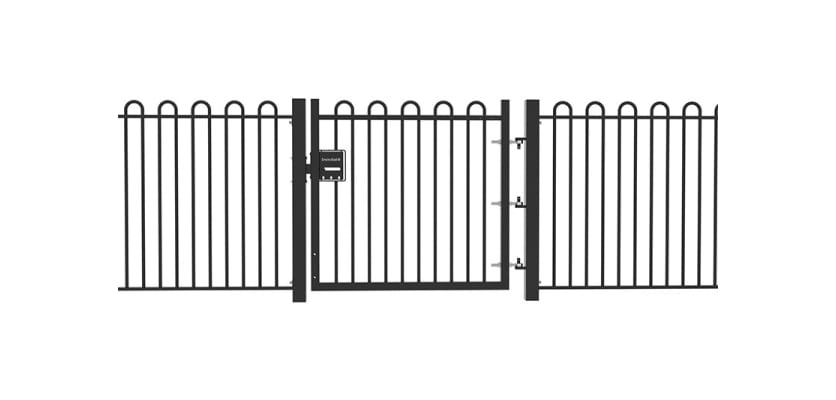 A Black Single Leaf  EnviroRail® PlaySec Railing Gate installed in a railing perimeter 