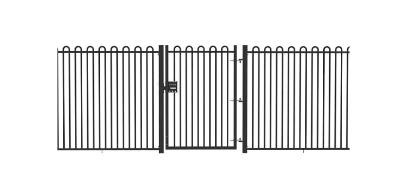 A Black Single Leaf EnviroRail® PlaySec Railing Gate installed in a railing perimeter 
