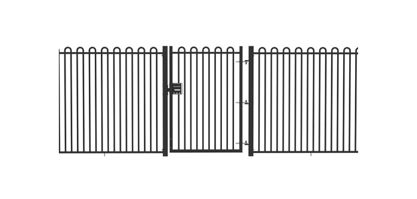 A Black Single Leaf EnviroRail® PlaySec Railing Gate installed in a railing perimeter 