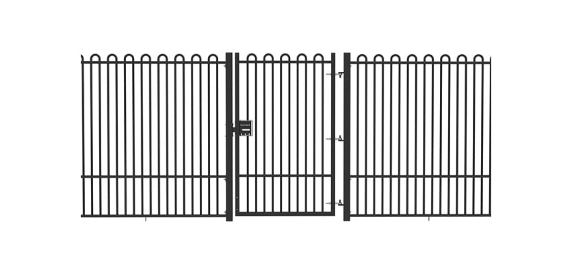 A Black Single Leaf EnviroRail® PlaySec Railing Gate installed in a railing perimeter 